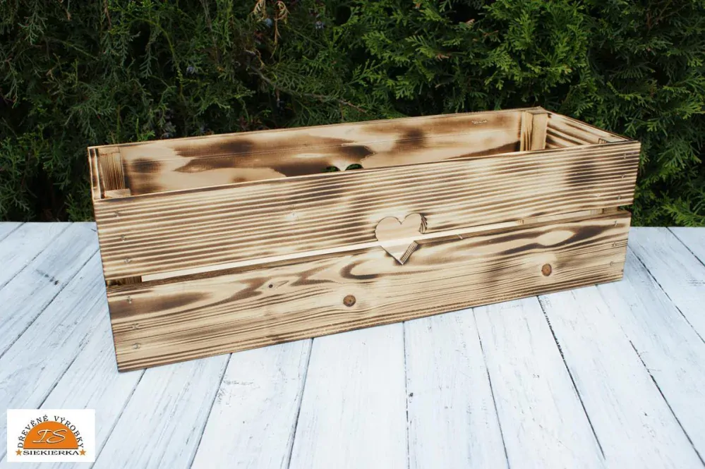Opálená dřevěná bedýnka, květináč 54 cm